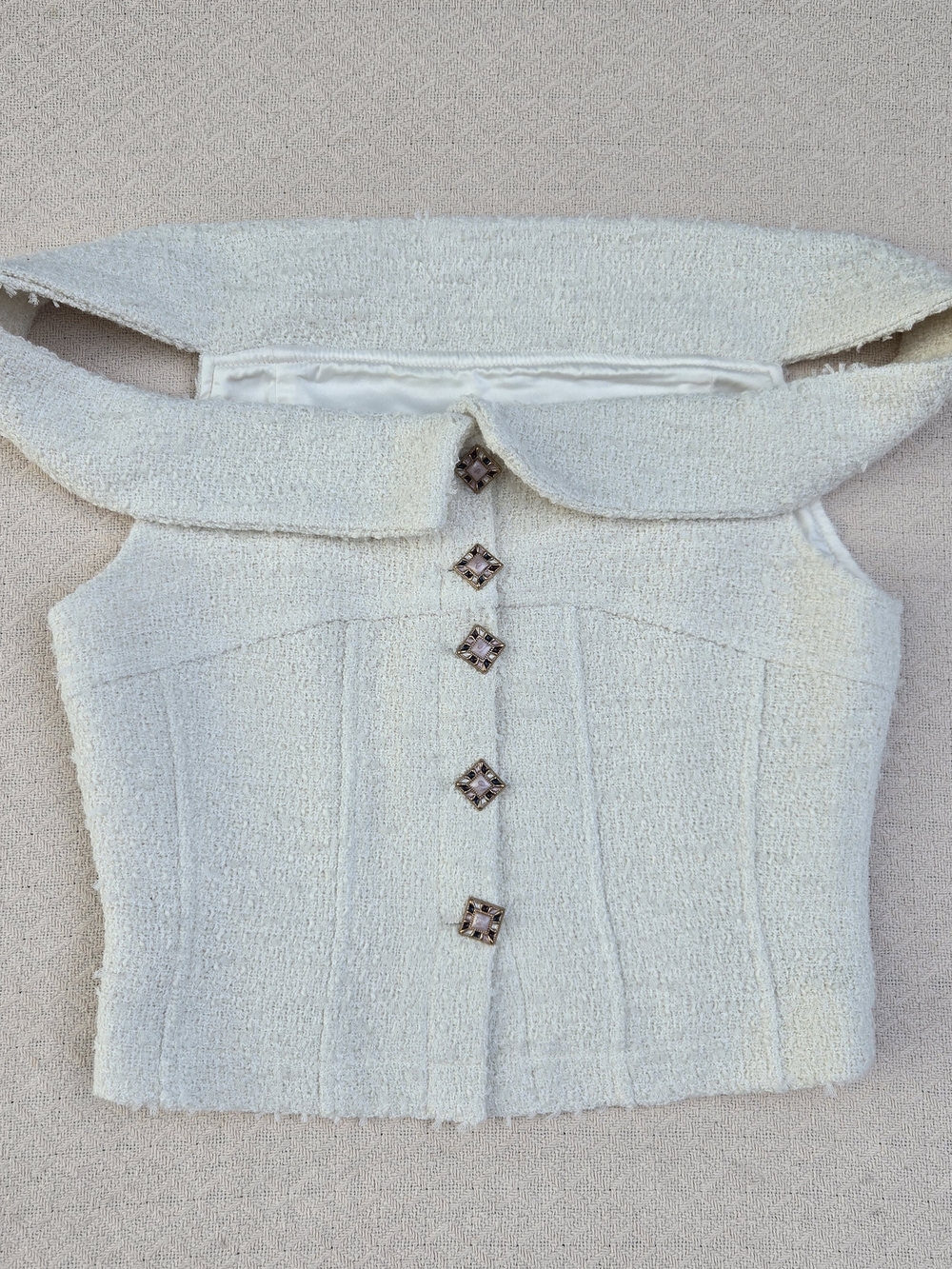 Cream Bouclé Off-Shoulder Cropped Vest with Decorative Buttons